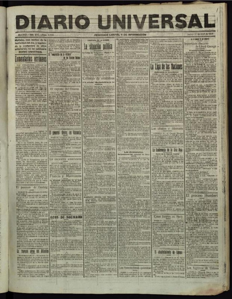 Miniatura de Diario Universal del 17 de abril de 1919