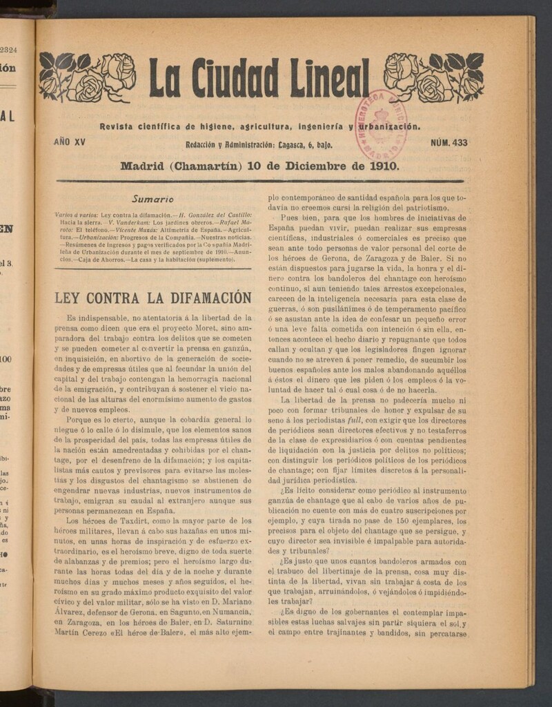 Miniatura de La Ciudad Lineal : órgano oficial de la Compañía Madrileña de Urbanización del 10 de diciembre de 1910