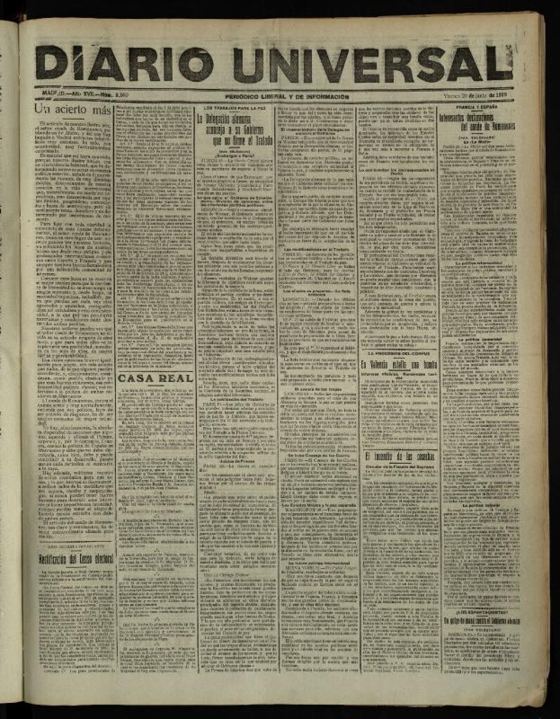 Miniatura de Diario Universal del 20 de junio de 1919