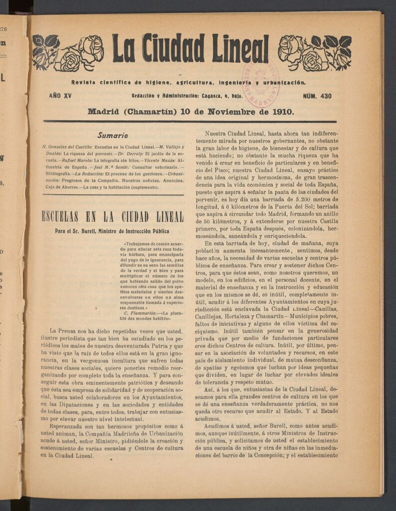 Miniatura de La Ciudad Lineal : órgano oficial de la Compañía Madrileña de Urbanización del 10 de noviembre de 1910