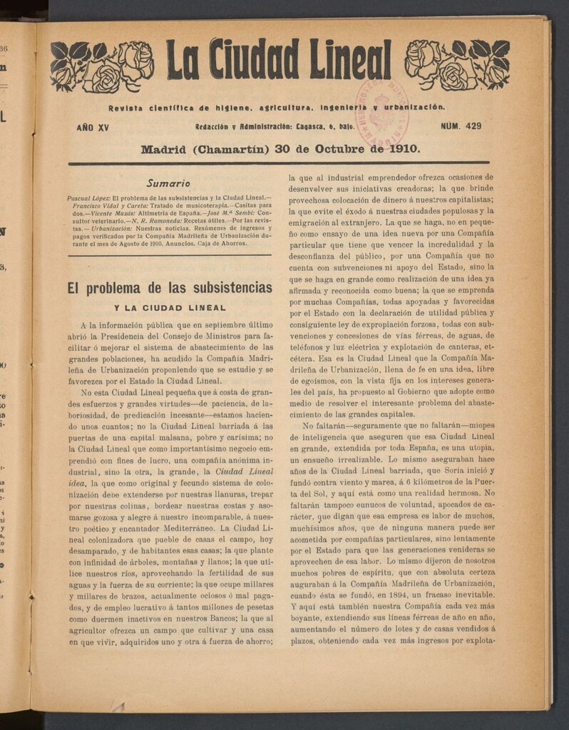 Miniatura de La Ciudad Lineal : órgano oficial de la Compañía Madrileña de Urbanización del 30 de octubre de 1910
