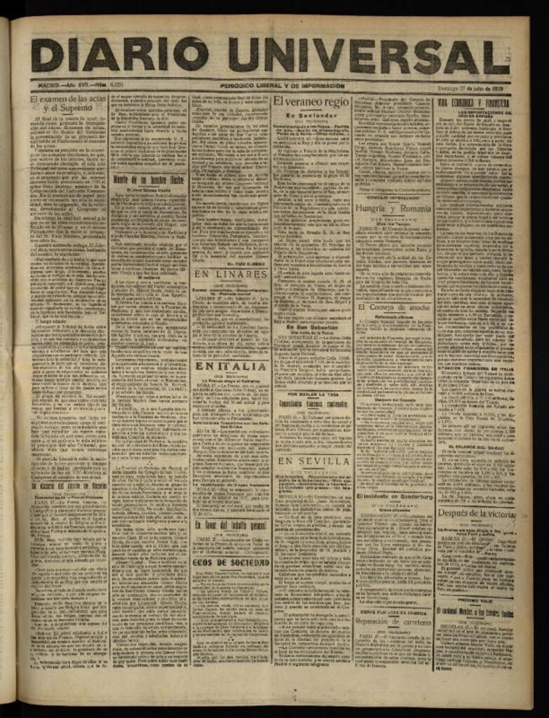 Miniatura de Diario Universal del 27 de julio de 1919