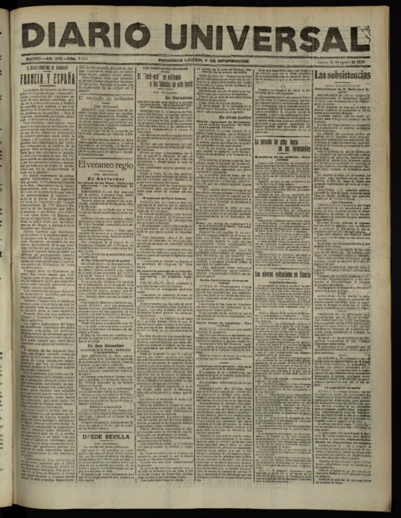 Miniatura de Diario Universal del 21 de agosto de 1919