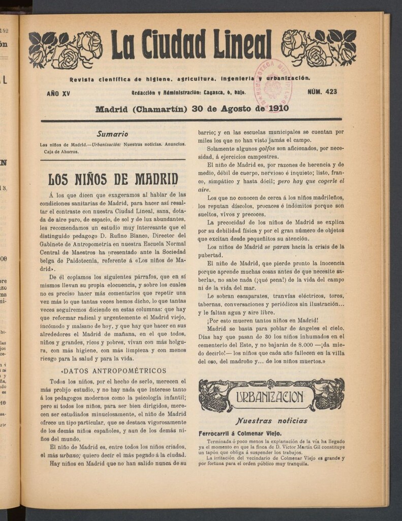 Miniatura de La Ciudad Lineal : órgano oficial de la Compañía Madrileña de Urbanización del 30 de agosto de 1910