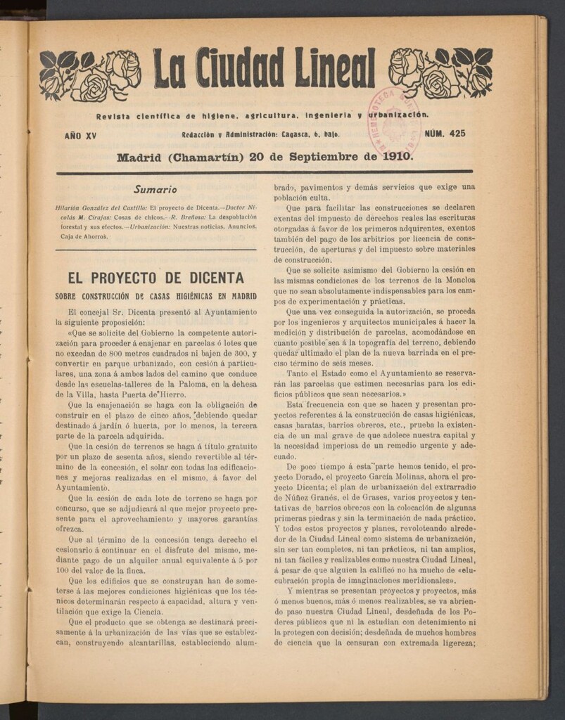 Miniatura de La Ciudad Lineal : órgano oficial de la Compañía Madrileña de Urbanización del 20 de septiembre de 1910