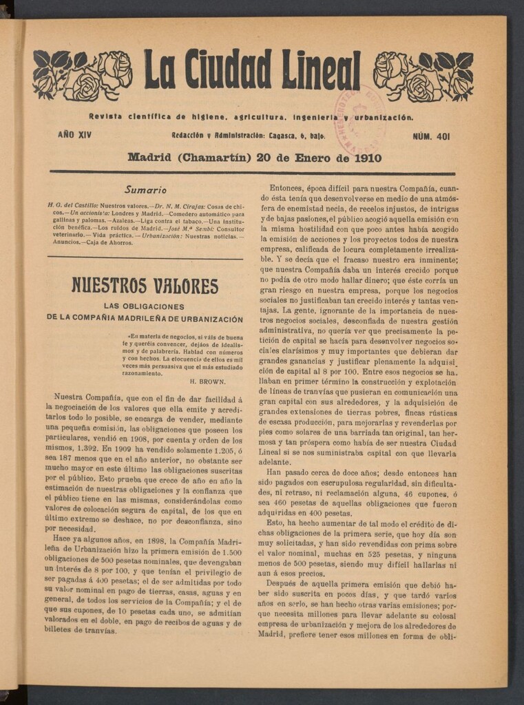 Miniatura de La Ciudad Lineal : órgano oficial de la Compañía Madrileña de Urbanización del 20 de enero de 1910