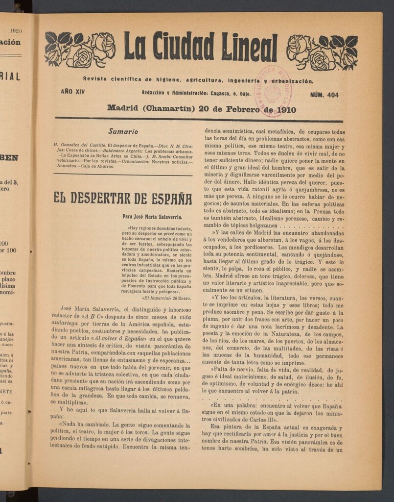 Miniatura de La Ciudad Lineal : órgano oficial de la Compañía Madrileña de Urbanización del 20 de febrero de 1910