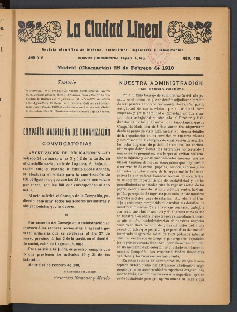 Miniatura de La Ciudad Lineal : órgano oficial de la Compañía Madrileña de Urbanización del 28 de febrero de 1910