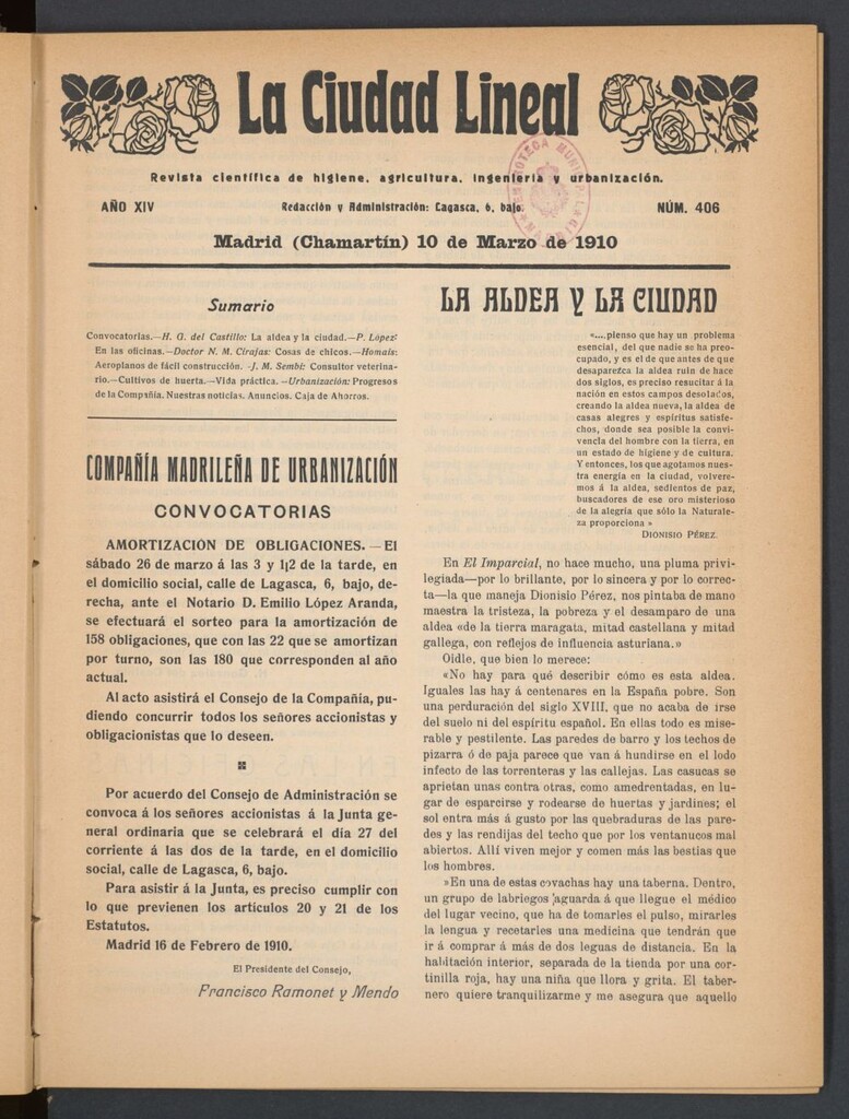 Miniatura de La Ciudad Lineal : órgano oficial de la Compañía Madrileña de Urbanización del 10 de marzo de 1910