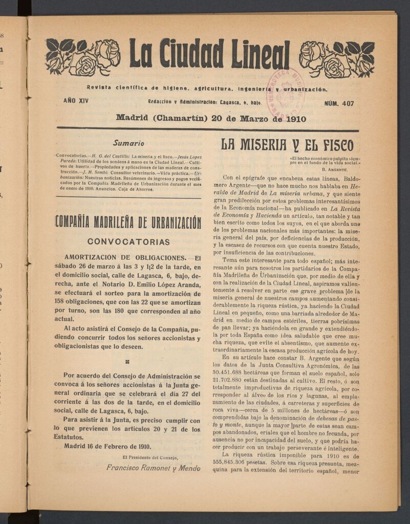 Miniatura de La Ciudad Lineal : órgano oficial de la Compañía Madrileña de Urbanización del 20 de marzo de 1910