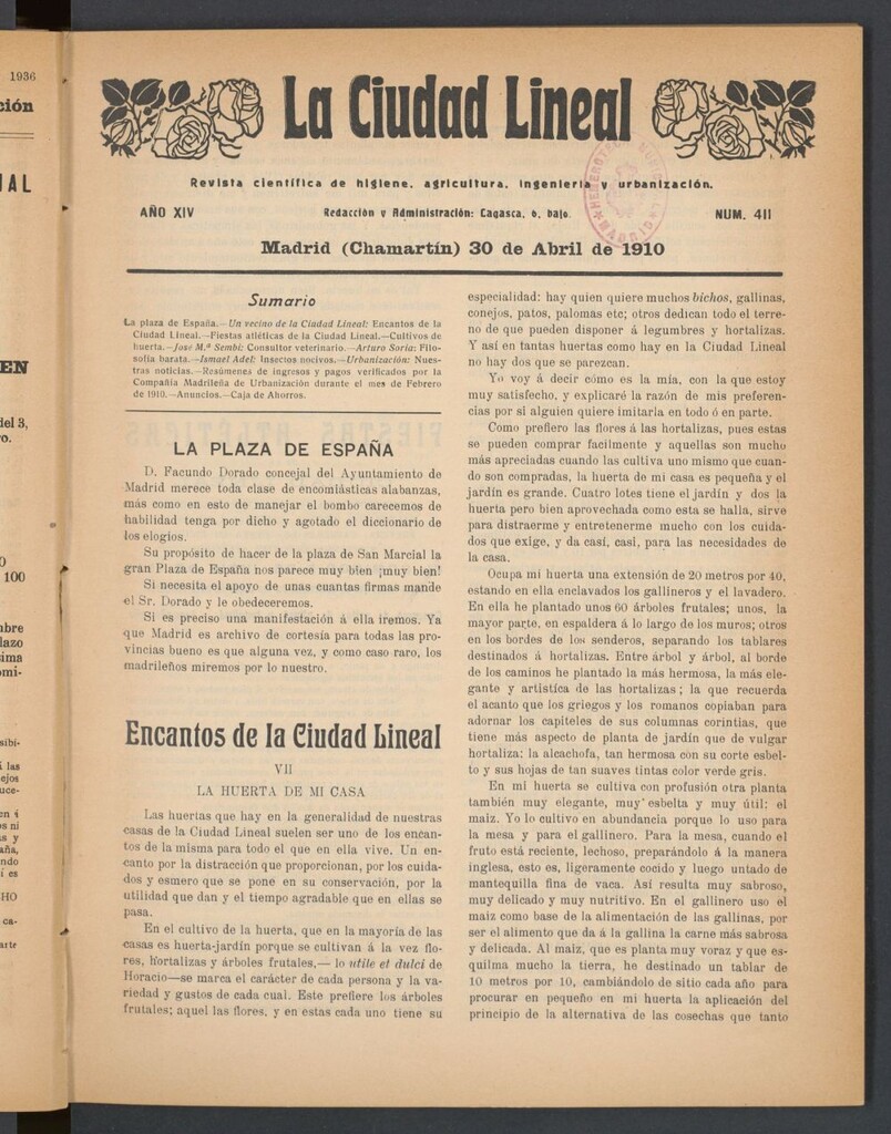Miniatura de La Ciudad Lineal : órgano oficial de la Compañía Madrileña de Urbanización del 30 de abril de 1910