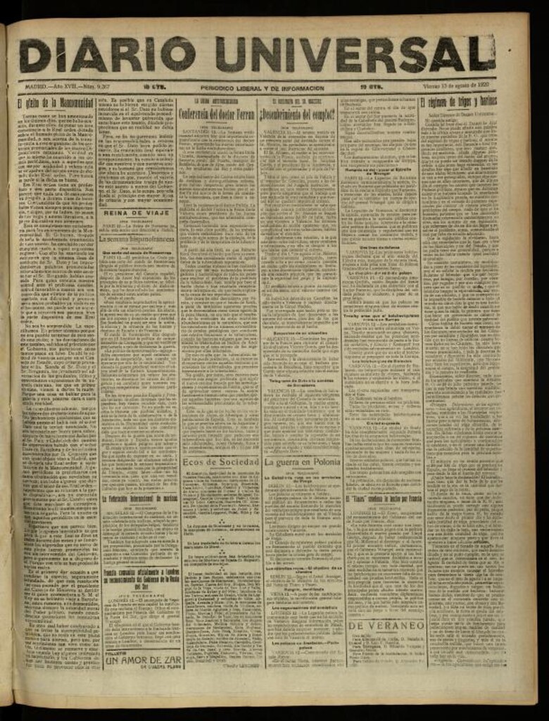 Miniatura de Diario Universal del 13 de agosto de 1920