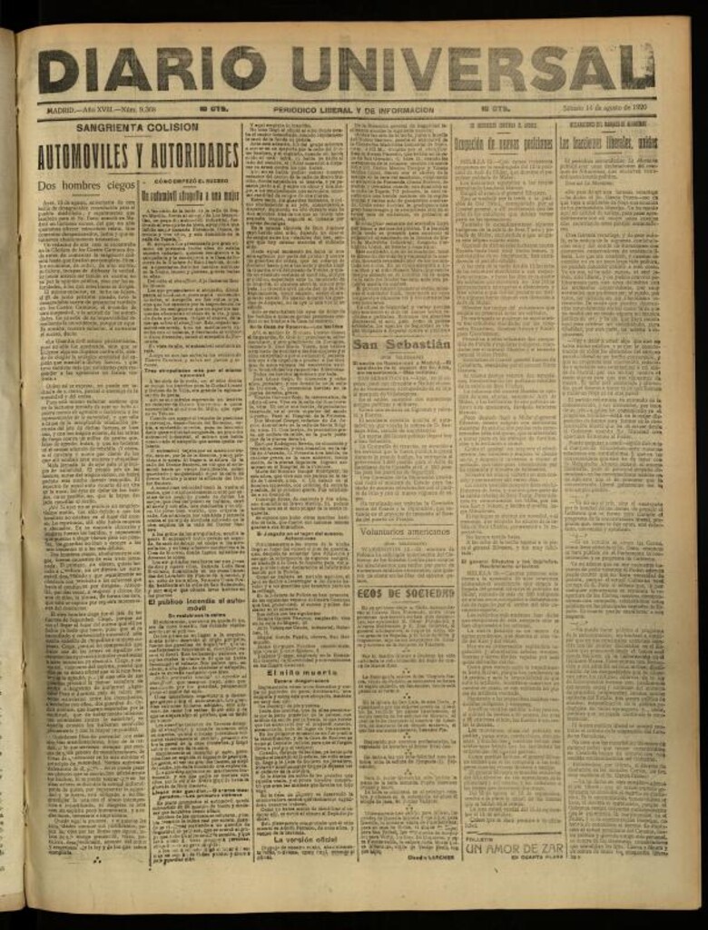 Miniatura de Diario Universal del 14 de agosto de 1920