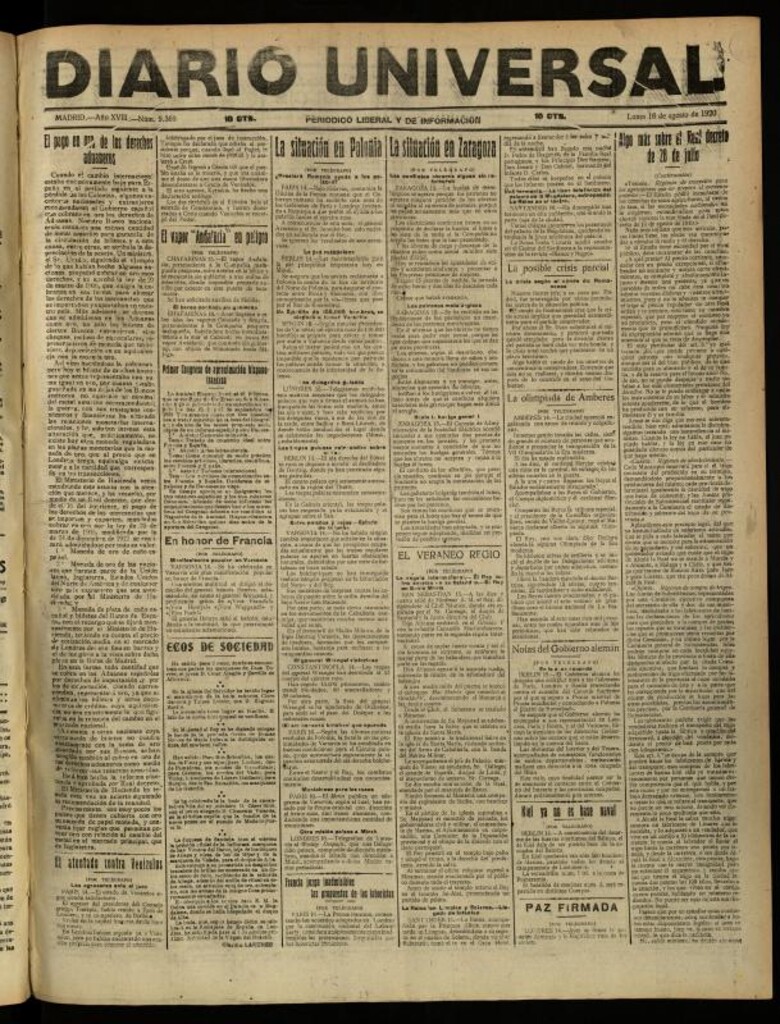 Miniatura de Diario Universal del 16 de agosto de 1920
