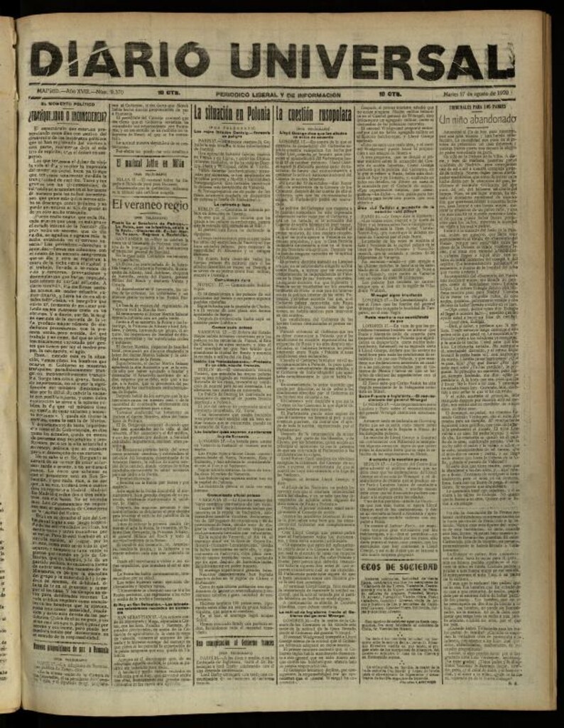 Miniatura de Diario Universal del 17 de agosto de 1920