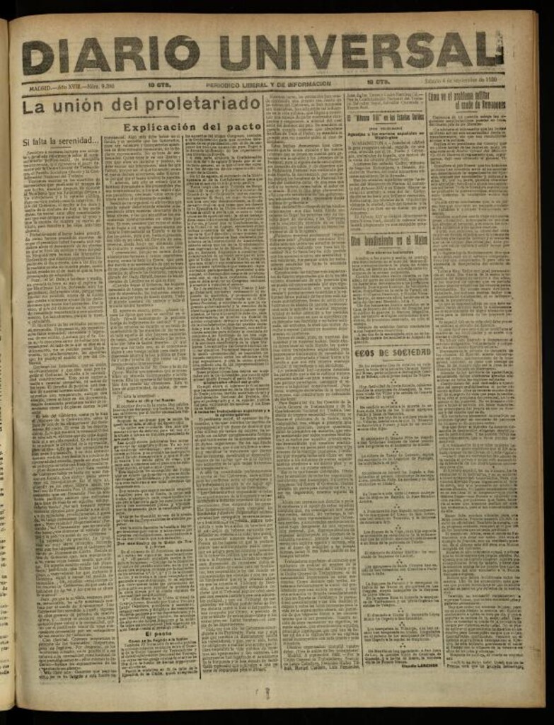 Miniatura de Diario Universal del 4 de septiembre de 1920