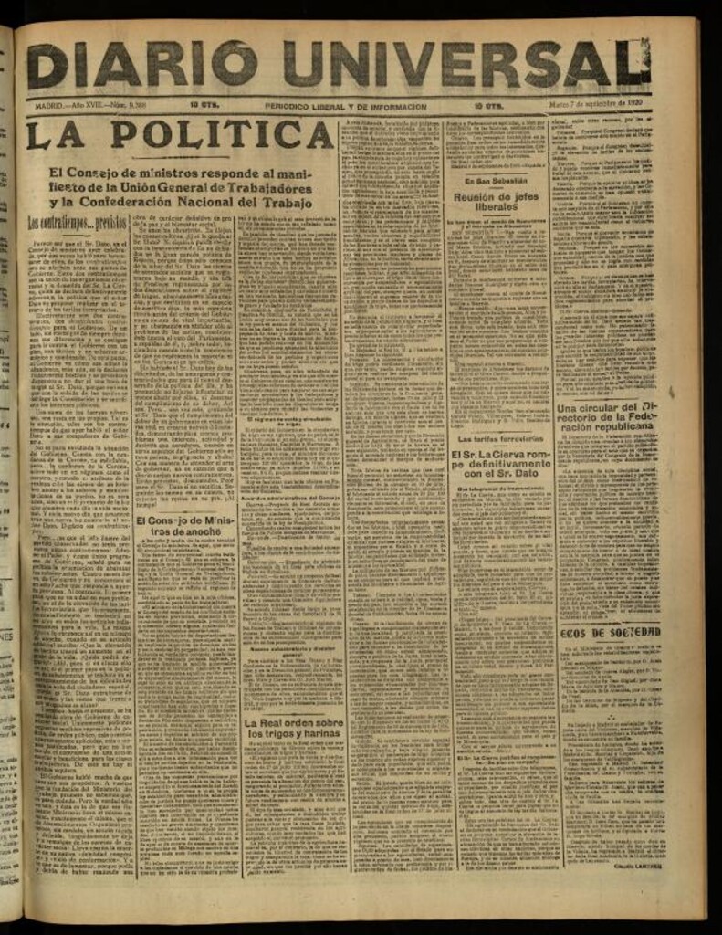 Miniatura de Diario Universal del 7 de septiembre de 1920