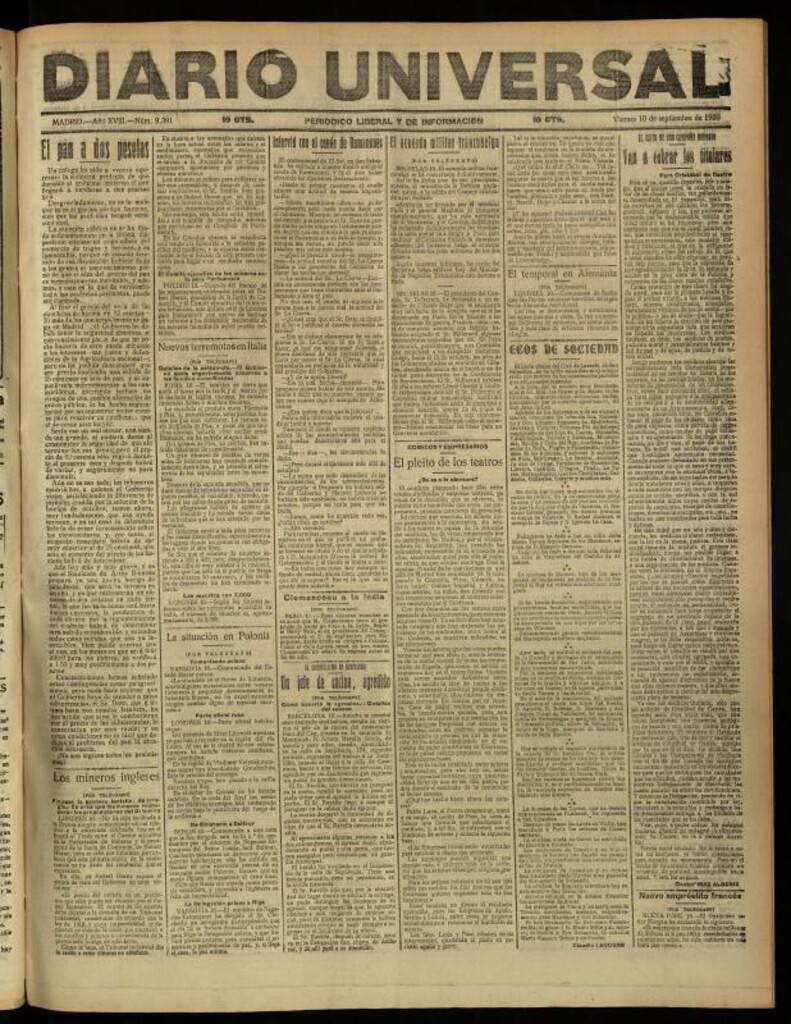 Miniatura de Diario Universal del 10 de septiembre de 1920