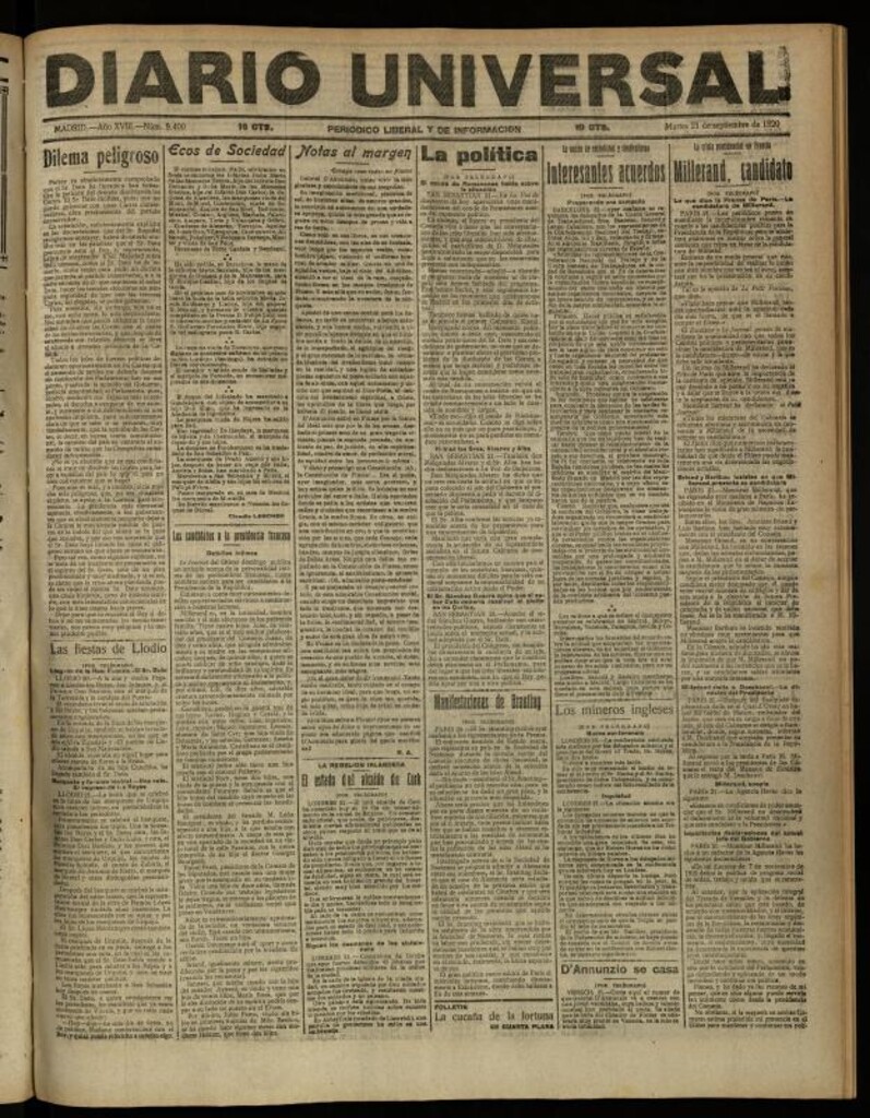 Miniatura de Diario Universal del 21 de septiembre de 1920