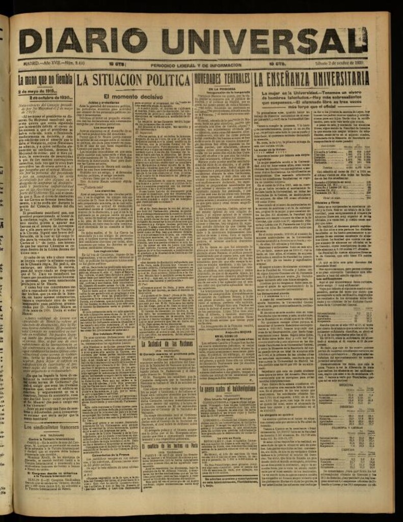 Miniatura de Diario Universal del 2 de octubre de 1920