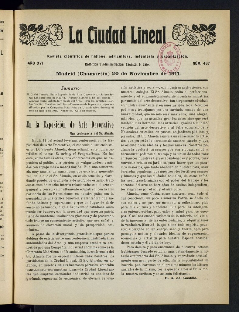 Miniatura de La Ciudad Lineal : órgano oficial de la Compañía Madrileña de Urbanización del 20 de noviembre de 1911
