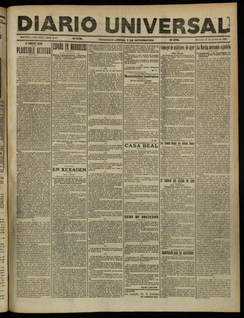 Miniatura de Diario Universal del 27 de octubre de 1920