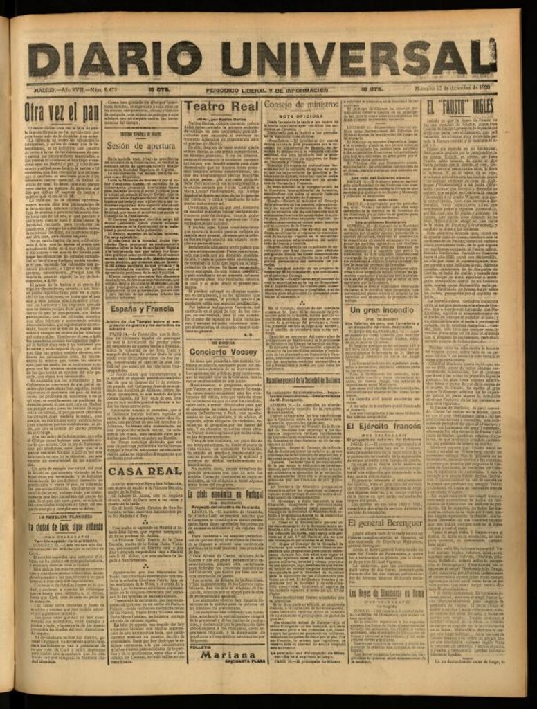 Miniatura de Diario Universal del 15 de diciembre de 1920