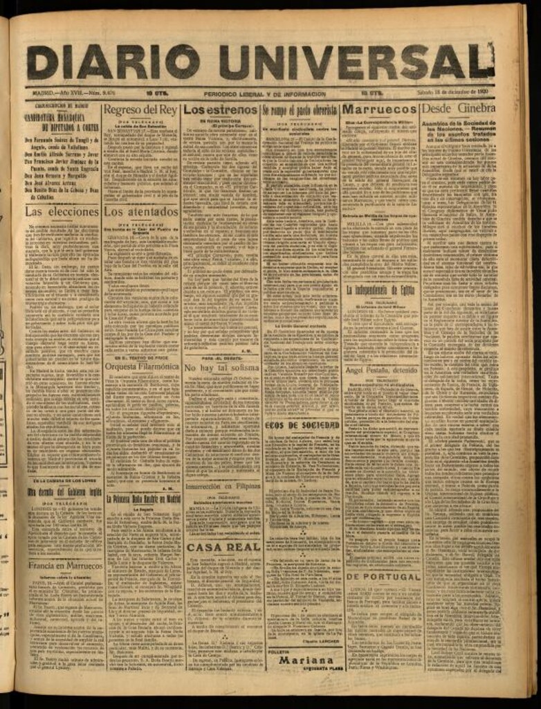 Miniatura de Diario Universal del 18 de diciembre de 1920