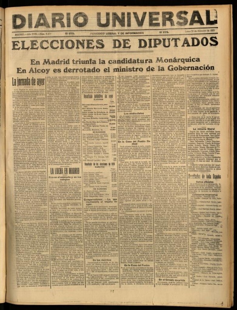Miniatura de Diario Universal del 20 de diciembre de 1920