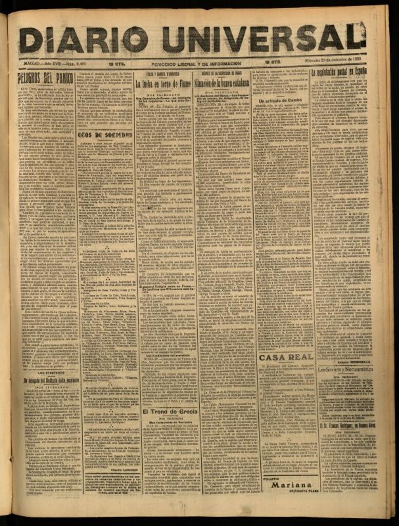 Miniatura de Diario Universal del 29 de diciembre de 1920