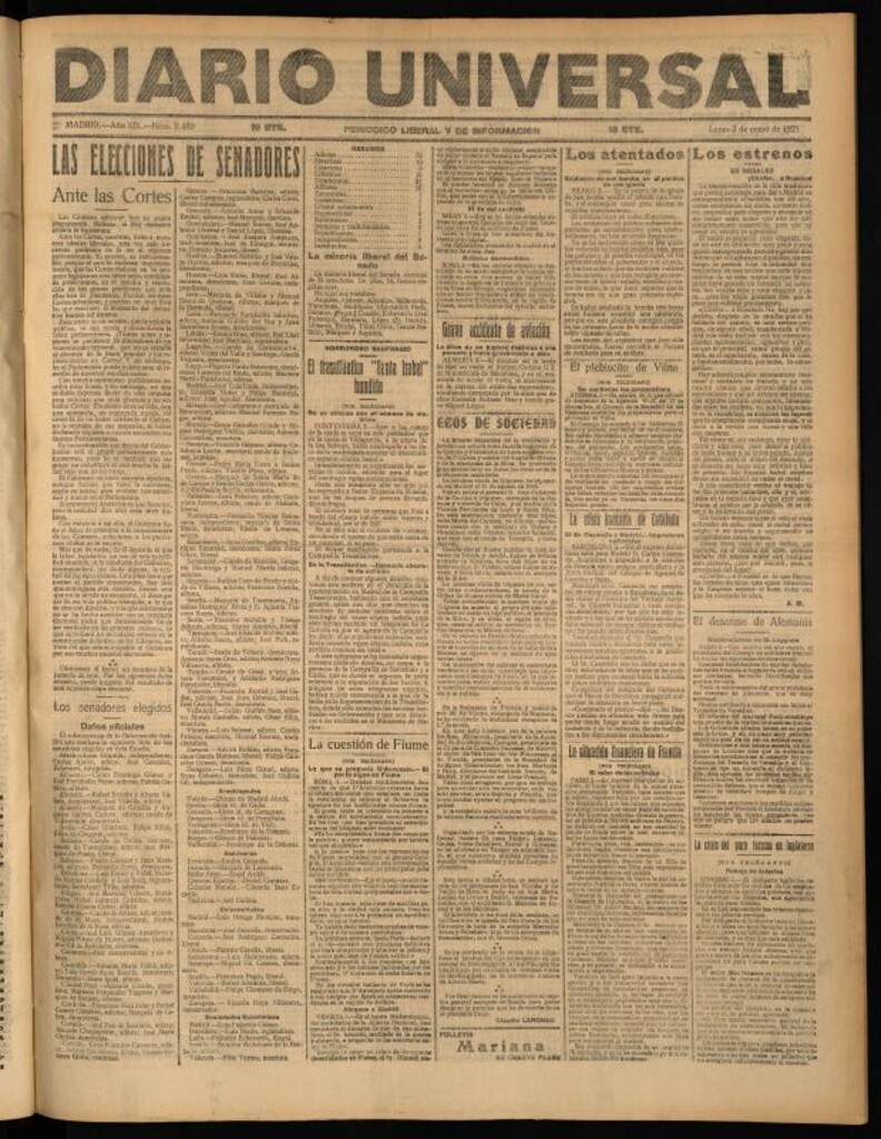 Miniatura de Diario Universal del 3 de enero de 1921
