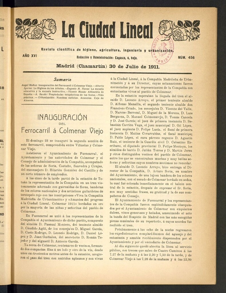 Miniatura de La Ciudad Lineal : órgano oficial de la Compañía Madrileña de Urbanización del 30 de julio de 1911