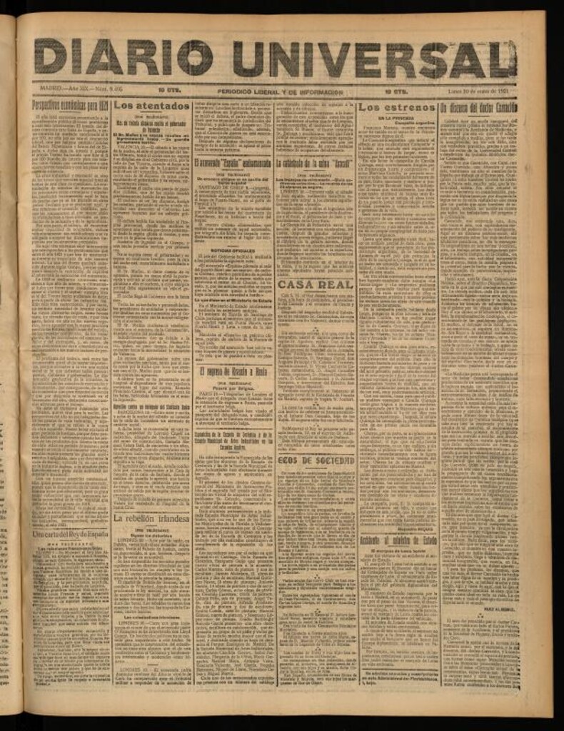 Miniatura de Diario Universal del 10 de enero de 1921