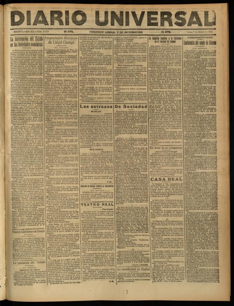 Miniatura de Diario Universal del 7 de febrero de 1921