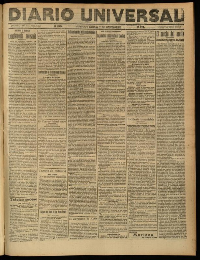 Miniatura de Diario Universal del 8 de febrero de 1921