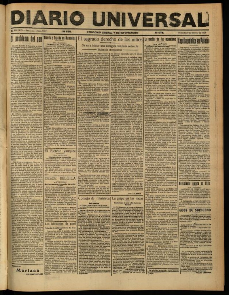 Miniatura de Diario Universal del 9 de febrero de 1921