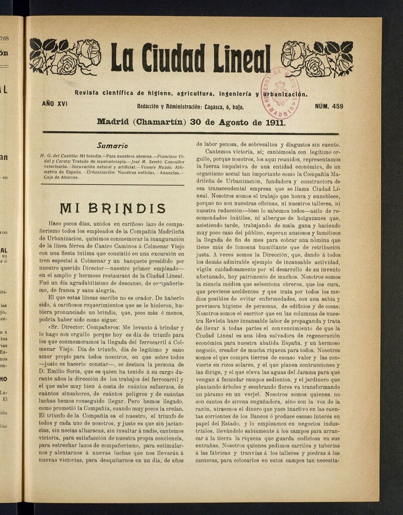 Miniatura de La Ciudad Lineal : órgano oficial de la Compañía Madrileña de Urbanización del 30 de agosto de 1911