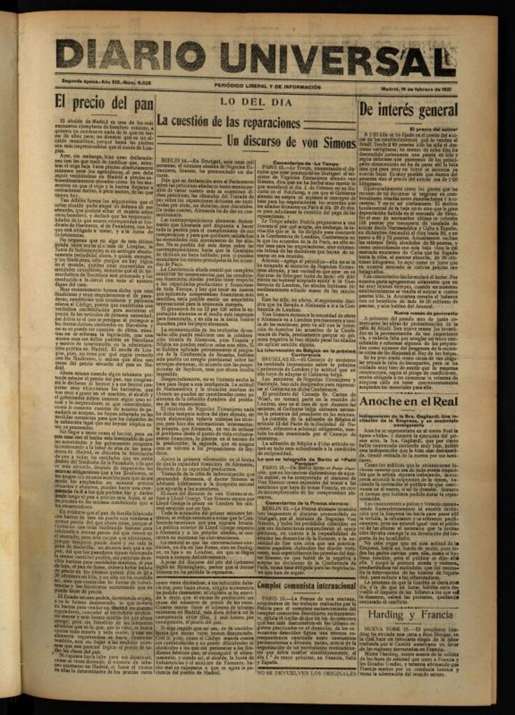 Miniatura de Diario Universal del 15 de febrero de 1921