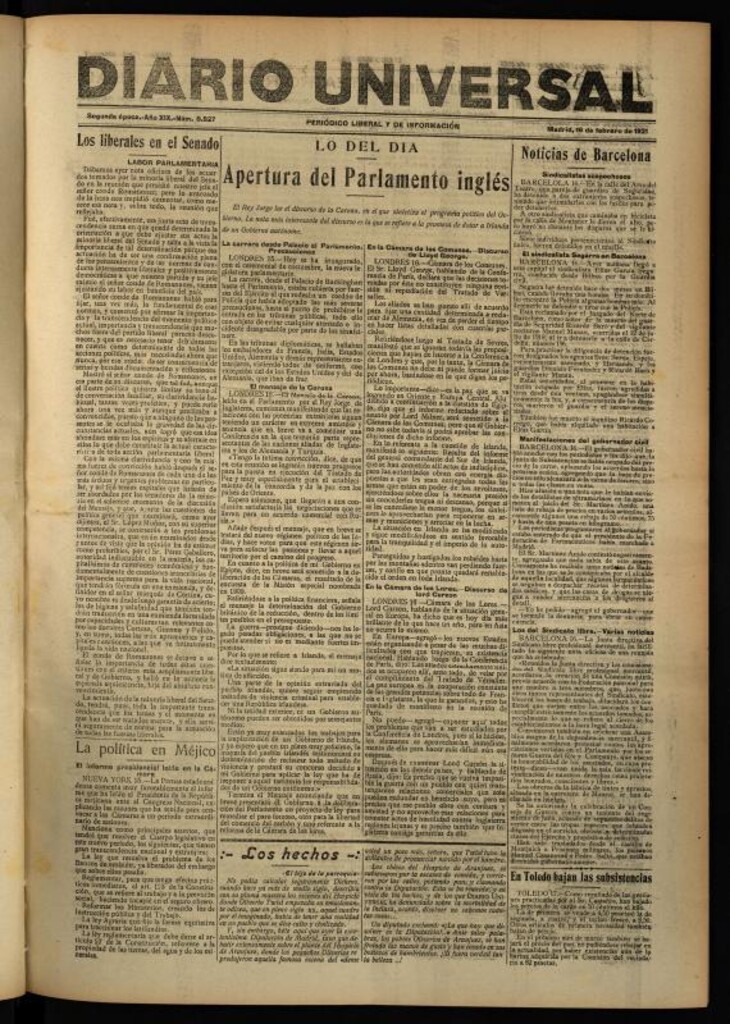 Miniatura de Diario Universal del 16 de febrero de 1921