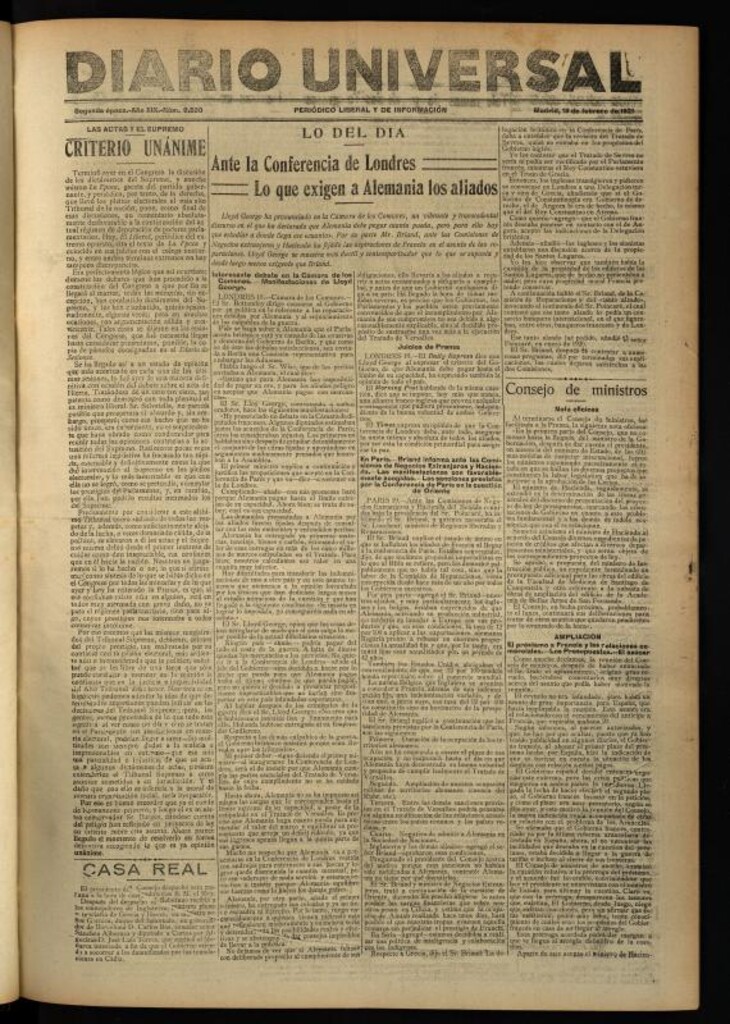 Miniatura de Diario Universal del 19 de febrero de 1921