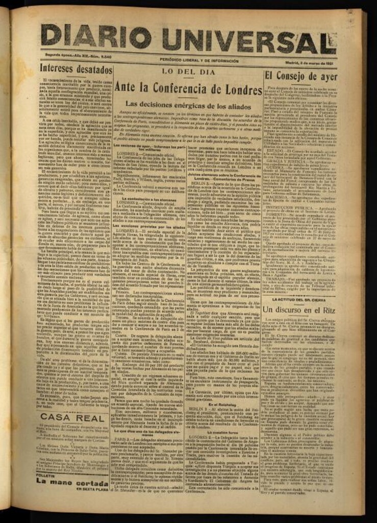 Miniatura de Diario Universal del 3 de marzo de 1921