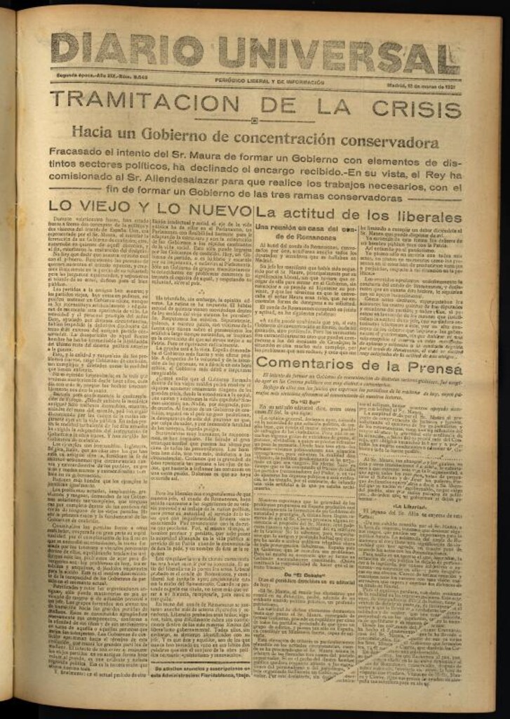 Miniatura de Diario Universal del 13 de marzo de 1921