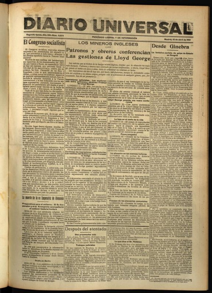 Miniatura de Diario Universal del 12 de abril de 1921