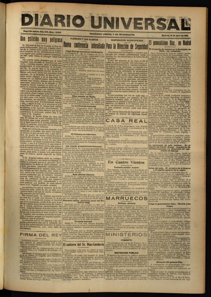 Miniatura de Diario Universal del 19 de abril de 1921