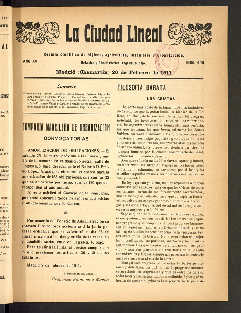 Miniatura de La Ciudad Lineal : órgano oficial de la Compañía Madrileña de Urbanización del 20 de febrero de 1911