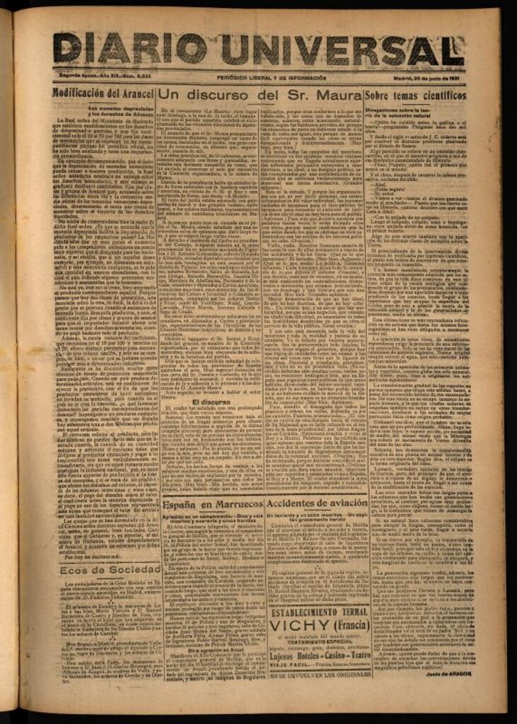 Miniatura de Diario Universal del 20 de junio de 1921