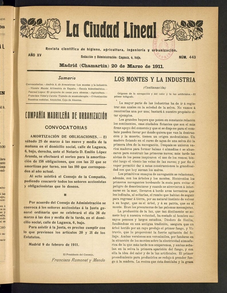 Miniatura de La Ciudad Lineal : órgano oficial de la Compañía Madrileña de Urbanización del 20 de marzo de 1911