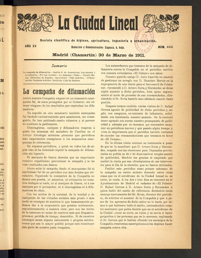Miniatura de La Ciudad Lineal : órgano oficial de la Compañía Madrileña de Urbanización del 30 de marzo de 1911