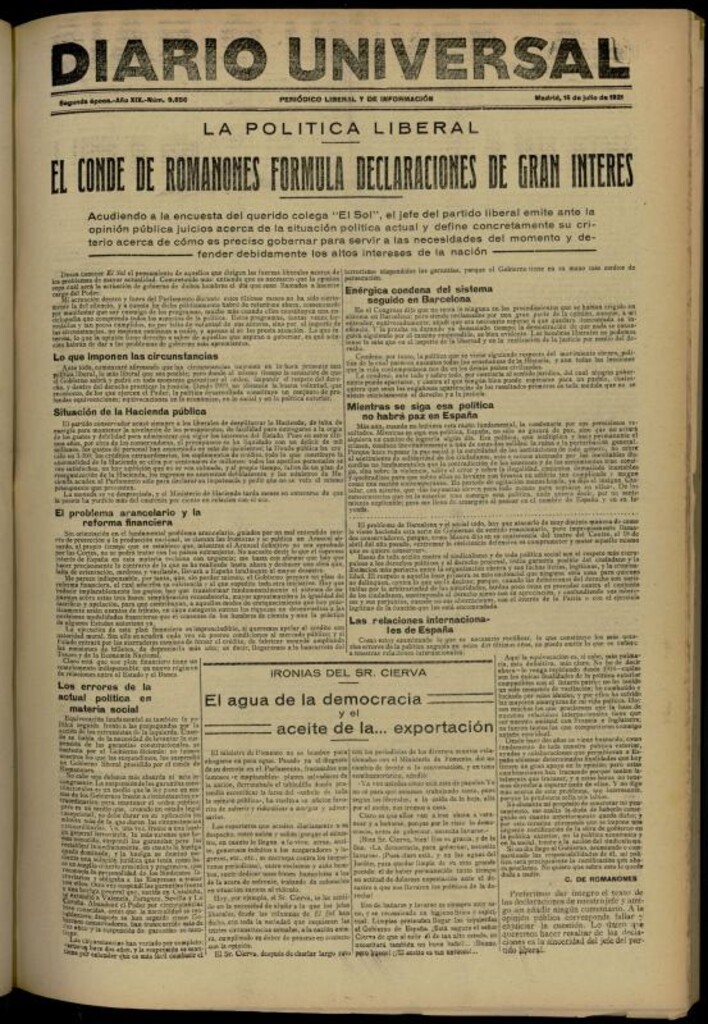 Miniatura de Diario Universal del 16 de julio de 1921
