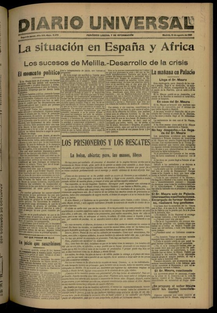 Miniatura de Diario Universal del 12 de agosto de 1921